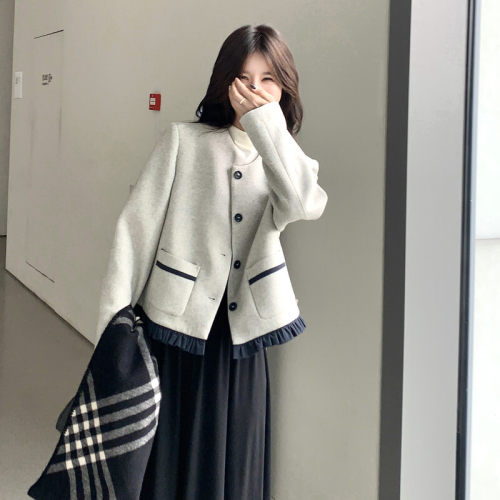 优雅风灰色短外套女圆领纽扣撞色滚边小香风外套大码通勤通勤法式
