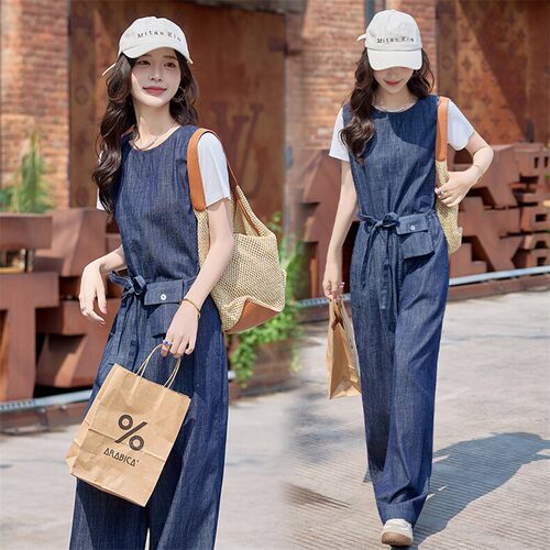 女夏季牛仔背带裤三件套显瘦