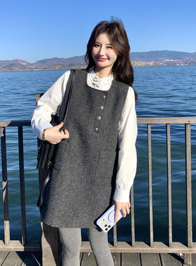 小香风毛呢背心裙女小金扣修身无袖叠穿衬衫两件套通勤独特温