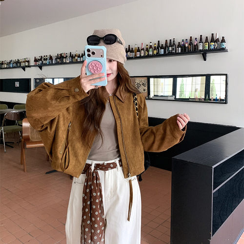 宽松风麂皮翻领短外套女焦糖色质感夹克松弛风上衣舒服法式2026新