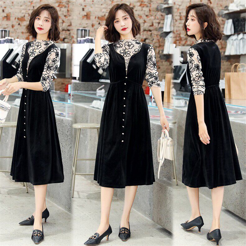 黑色蕾丝拼接连衣裙女秋季收腰显瘦中长款气质裙