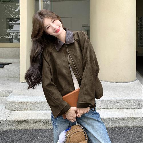 美拉德风麂皮翻领短外套女秋季性感设计感减龄夹克法式复古休闲修