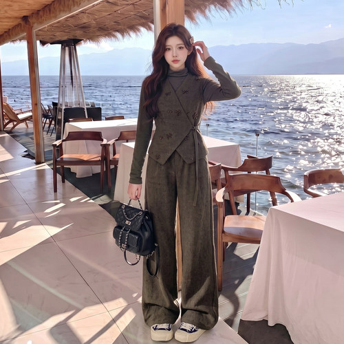 慵懒独特感套装女2026秋季钉珠收腰马甲阔腿裤两件套新中式2026新