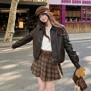 港风修身 咖色设计感显瘦减龄夹克外套 翻领PU皮衣女短款