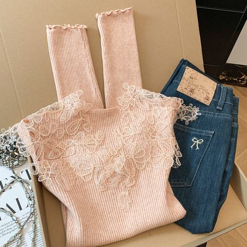 法式纯欲蕾丝拼接显瘦针织打底衫