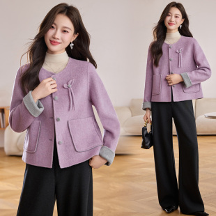 轻奢风紫色毛呢外套女2025新款 小个子百搭洋气大衣 短款