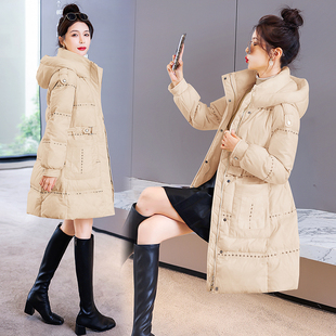通勤风修身收腰羽绒服女中长款米白色白鸭绒冬季外套