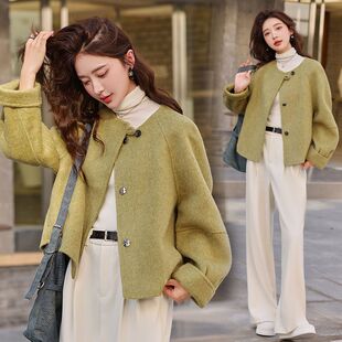 小香风毛呢外套女短款绿色圆领双排扣2025新款韩系外套
