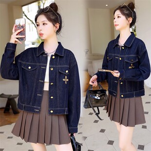 复古深蓝色牛仔外套女春秋百搭短款 翻领夹克上衣