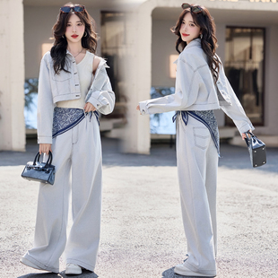 2025春装新款牛仔套装女阔腿裤三件套设计感气质减龄