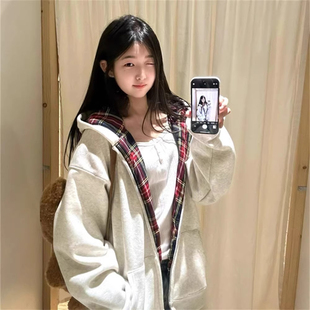 特大码300斤胖mm美式秋冬季格纹拉帽卫衣宽松拉链开衫情侣款外套