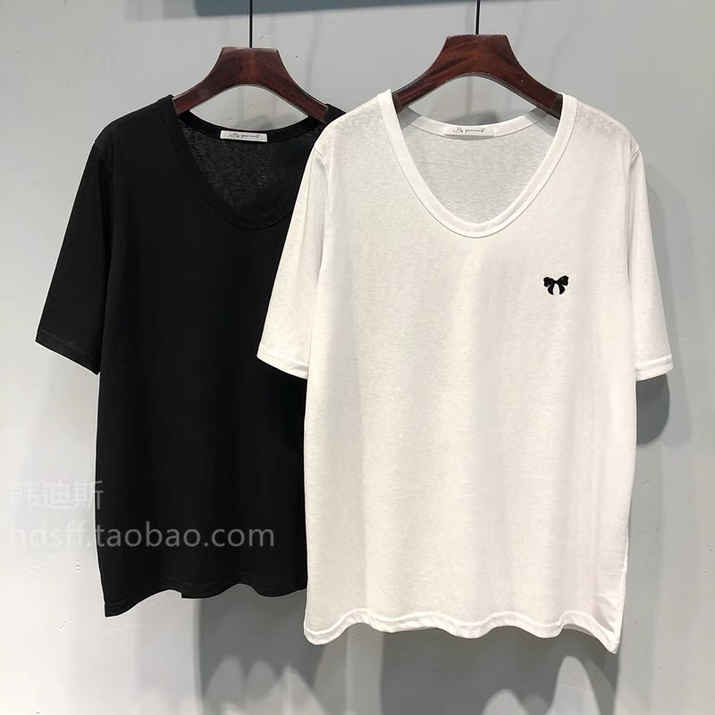 特大码300斤蝴蝶结U领短袖T恤女