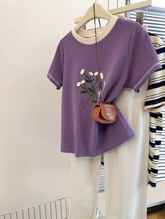 t恤女夏季 300斤紫色刺绣短袖 宽松显瘦洋气减龄上衣服 胖mm特大码