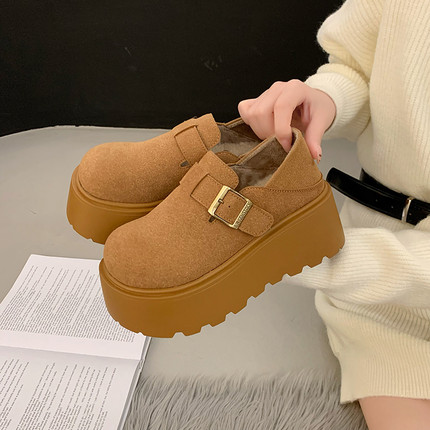 7cm厚底加绒勃肯鞋女2025秋冬新款一脚蹬乐福鞋增高两穿博肯棉鞋