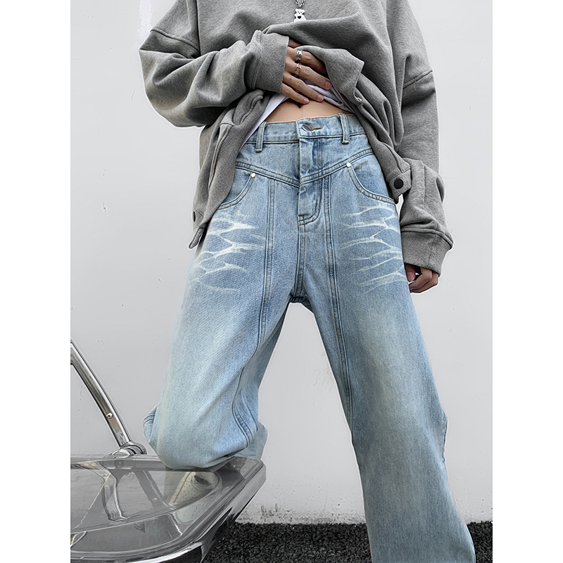 B221美式ins高街暗黑拼接扎染直筒牛仔裤LK24166P65控88