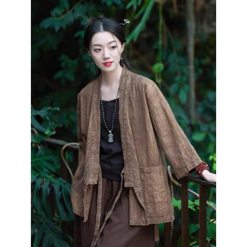 中式棉麻女装国风复古叠穿斜襟系带文艺宽松禅意上衣改良汉服外套