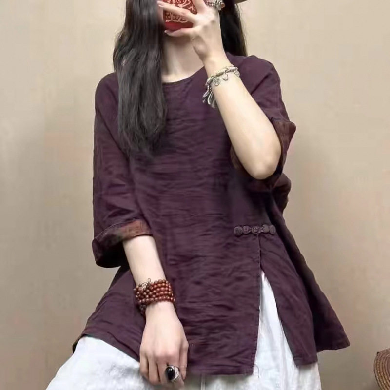 中式禅意棉麻女装夏季新款复古纯色百搭打底衫文艺宽松套头T恤女