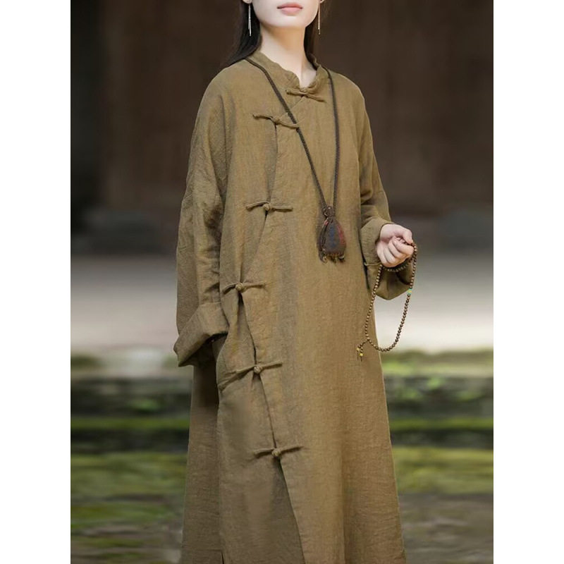 早秋苎麻新中式连衣裙女新款禅修居士服棉麻复古禅意偏襟袍子