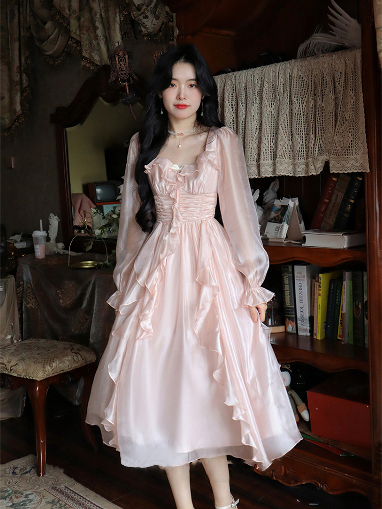 Blove蓝 珠光粉雾海 秋季连衣裙长袖高腰显瘦甜美裙子女新款2023