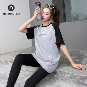 健身服上衣女大码胖mm宽松黑灰拼接半袖快干瑜伽服遮肚子臀胯凉快