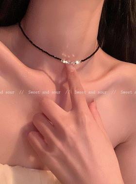 天然石黑色水晶串珠项链女轻奢小众设计感叠戴锁骨链冷淡风颈链潮