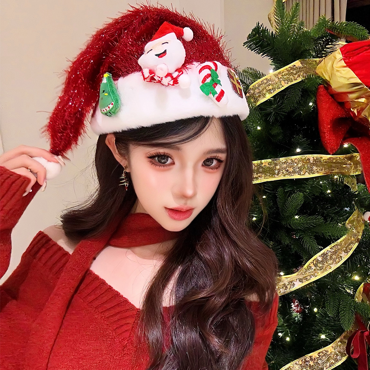 可爱创意圣诞雪人红色毛绒帽子