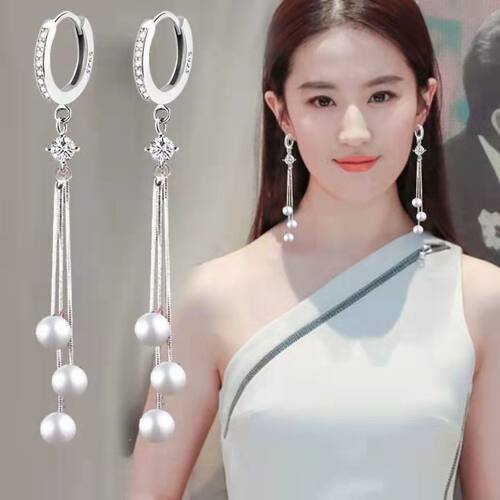 正品s925纯银珍珠耳环女网红耳圈耳坠防过敏韩版个性气质新款耳饰