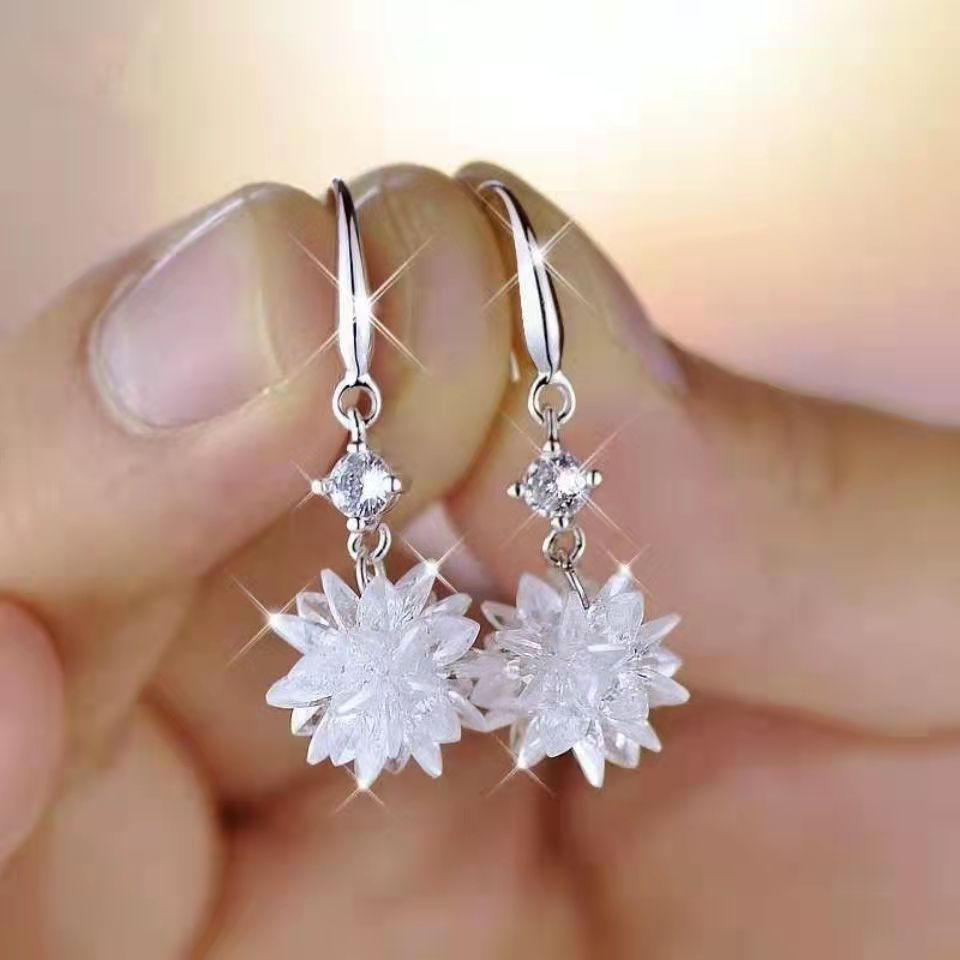 耳环女网红爆款925纯银新款百搭长款冰花耳坠简约气质耳钩耳饰品