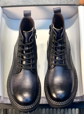 2024年冬季新款欧洲站真皮英伦风圆头马丁靴男靴工装鞋加绒棉靴潮