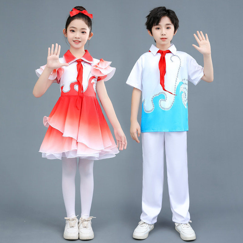 高档红船启航大合唱演出服小荷风采红领巾女款连衣裙聚酯纤维童装