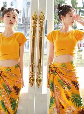 网红风泳衣仙显瘦保守黄色游泳衣女士分体式夏温泉三件套微胖ins