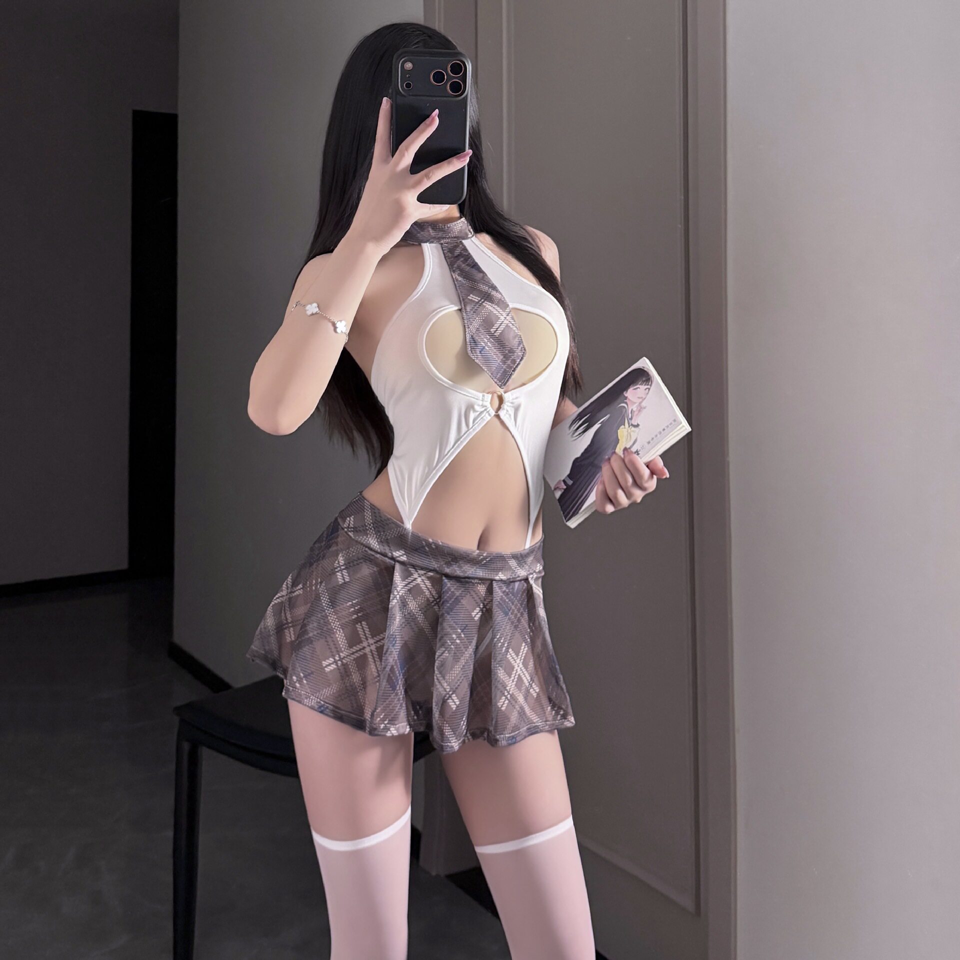 坏坏学姐*性感紧身复古开档jk百褶裙制服纯欲镂空连体衣情调套装