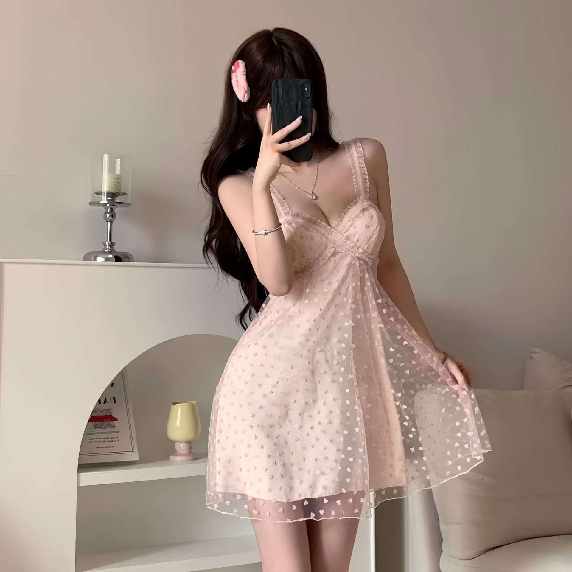 大码纯欲少女网纱薄款睡衣冰丝