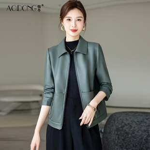 海宁真皮皮衣女短款高级感绵羊皮中年长袖小个子简约休闲外套春秋