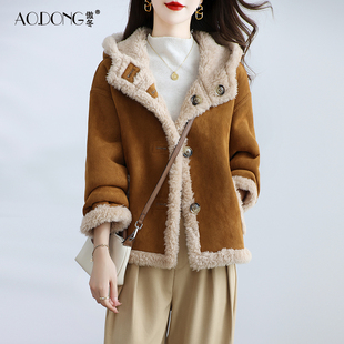 新款海宁两面穿颗粒绒皮草两面穿外套女短款保暖连帽羊羔毛大衣冬