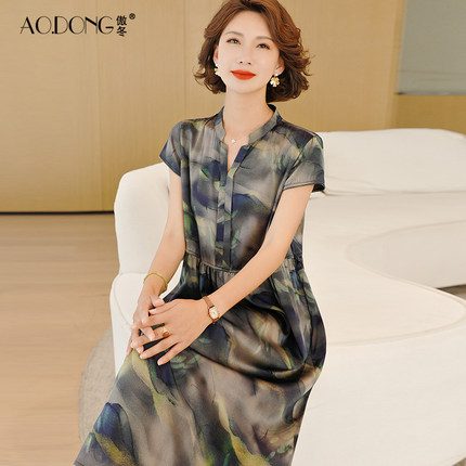 新款重磅真丝连衣裙女短袖中老年妈妈杭州收腰显瘦桑蚕丝裙子夏季