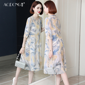 新款高级杭州真丝连衣裙女妈妈印花气质桑蚕丝清新显瘦裙子夏季