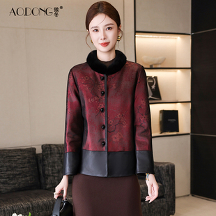 海宁皮衣真皮羽绒服女短款水貂毛领新中式妈妈印花中国风皮草外套