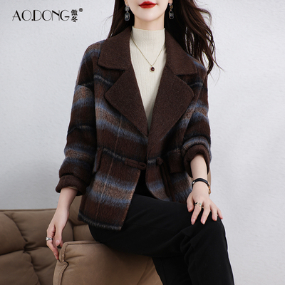 双面绒大衣女短款显瘦小个子西装领千鸟格子羊毛呢时尚外套秋冬