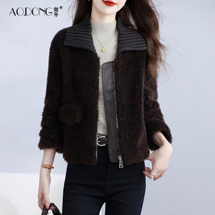 海宁颗粒绒皮草外套女短款 翻领羊剪绒保暖显瘦加厚一体羊羔毛大衣