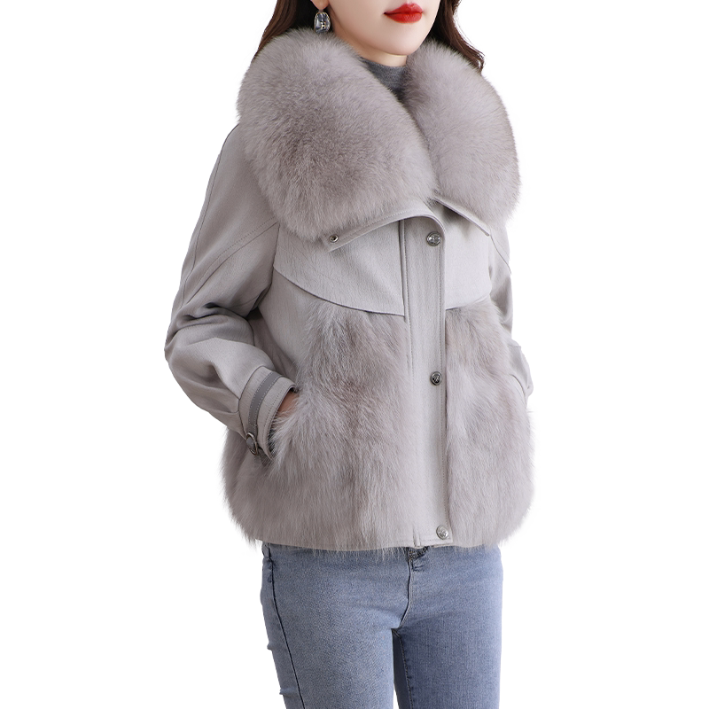 海宁狐狸毛领韩版短款皮草高级