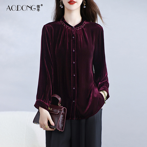 婚宴真丝丝绒上衣女喜婆婆桑蚕丝长袖T恤妈妈装气质显瘦外套春秋