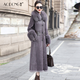 海宁兔毛皮草一体外套女修身狐狸毛领中老年妈妈中长款气质大衣冬