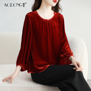 新款真丝丝绒上衣女九分袖桑蚕丝T恤圆领纯色遮肉显瘦外套春秋