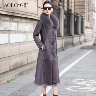 新款海宁兔毛皮草一体外套女修身狐狸毛领轻奢中长款气质大衣冬季