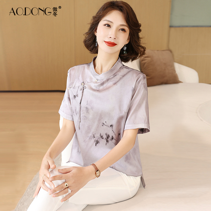 高级短袖桑蚕丝真丝显瘦T恤印花