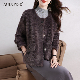 一体保暖冬季 2024新款 仿羊羔毛环保皮草女外套圆领毛毛麂皮绒短款