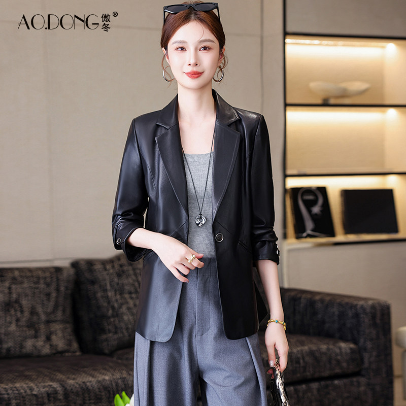 新款海宁真皮皮衣女中长款高级感收腰绵羊皮时尚西装外套气质春秋