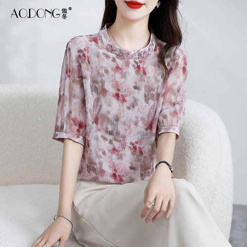 新款真丝上衣女短袖小衫印花