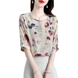 高级真丝上衣女桑蚕丝T恤圆领甜美半袖印花小衫休闲气质夏季时尚